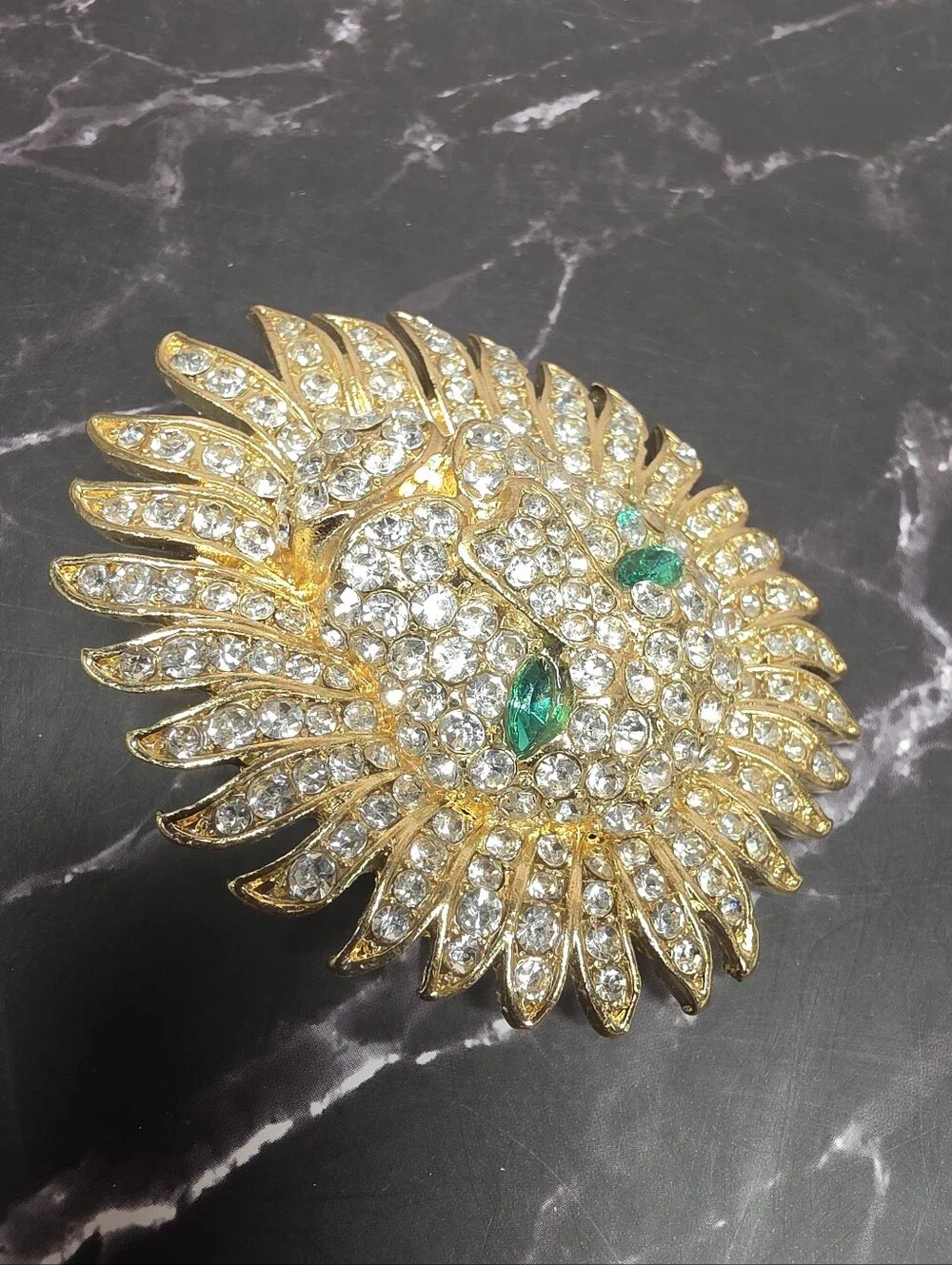 Vintage Signed JB Rhinestone Lion Brooch Green Eyes Gold Tone